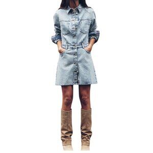 NWT Zara Small Denim Button Down Shirt Mini Dress Stonewashed Light Blue
